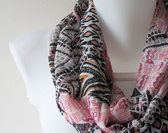 Aztec Scarf, Boho Infinity Scarf, Tribal Print Chiffon Scarf, Black White Loop Scarf, Women Accessories, Spring Summer Fashion, Gift For Her