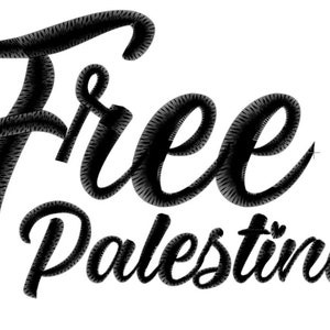 以下が含まれることがあります： スタイリッシュなフォントで「Free Palestine」というテキストが書かれた白黒のグラフィックデザインです。