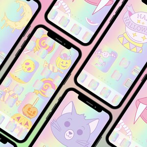 Puede incluir: Una colección de siete pantallas de inicio de iPhone con un tema de Halloween. Las pantallas presentan una variedad de iconos lindos y espeluznantes, que incluyen un fantasma, una calabaza, un murciélago, una calavera, un bastón de caramelo, una luna creciente, una boca de vampiro y un gato. Las pantallas están decoradas con un efecto arcoíris holográfico.