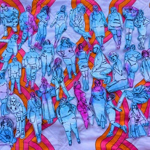 May include: A collection of watercolor-style figures in various poses, outlined in black and filled with blue and pink hues. The figures are arranged on a white background with a retro orange and pink wavy pattern.