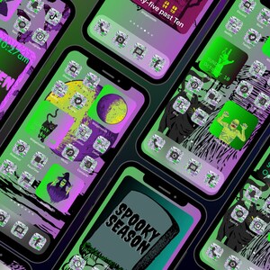 May include: A collection of iPhone home screens with a Halloween theme. The screens feature a variety of spooky icons and graphics, including a ghost, a witch, a monster, and a graveyard. The text "Halloween Vibes" and "Spooky Season" are also visible on the screens.
