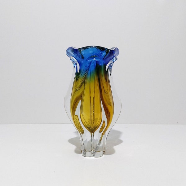 Vase in the color combination yellow - blue Josef Hospodka for Chribska glass.