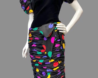 1980s Colorful Silk Polka Dot Dress Black Velvet Bodice Ruched Skirt Party Dress Small