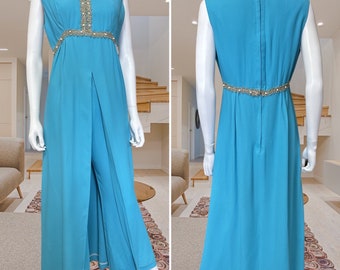 Medium - 1960s Turquoise Tunic & Flare Pant Hostess Set