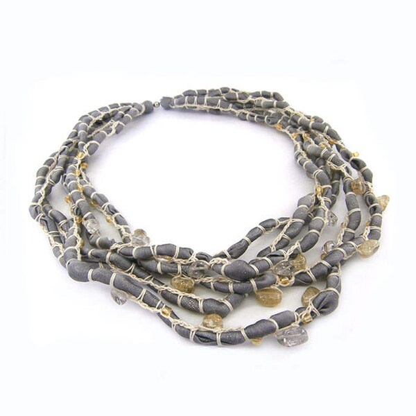 Silk Fabric Necklace, Layered Necklace, Gray Silk Fabric, Textile Necklace, Multi Layer Necklace, Crochet Thread, Neutral Necklace, Bohemian