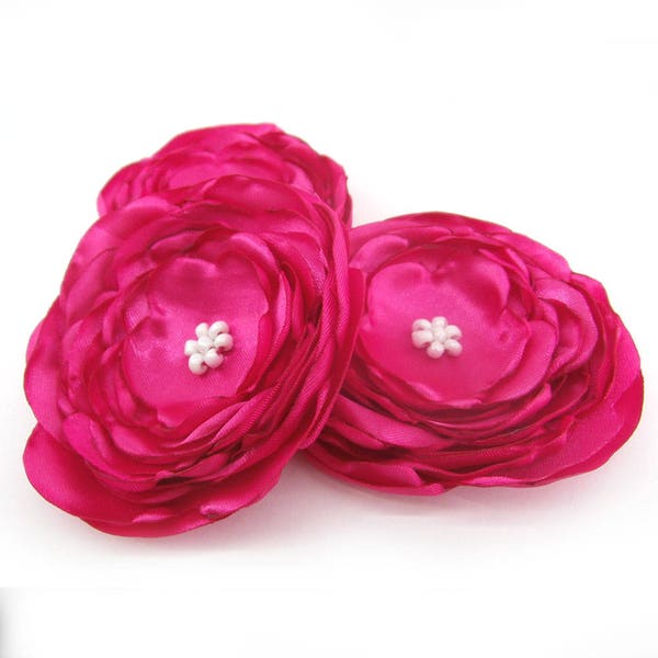 Pink Fabric Flowers, Bright Pink Flowers, Headband Flowers, Flower Supplies, Handmade Flowers, Wedding Flowers, Large Flowers, Set of 3