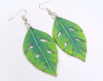 Tropical Green Leaf Dangling Earrings, Banana Leaves