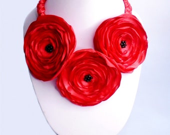 Red Flower Fabric Necklace, Holiday Statement Necklace, Custom Color Jewelry