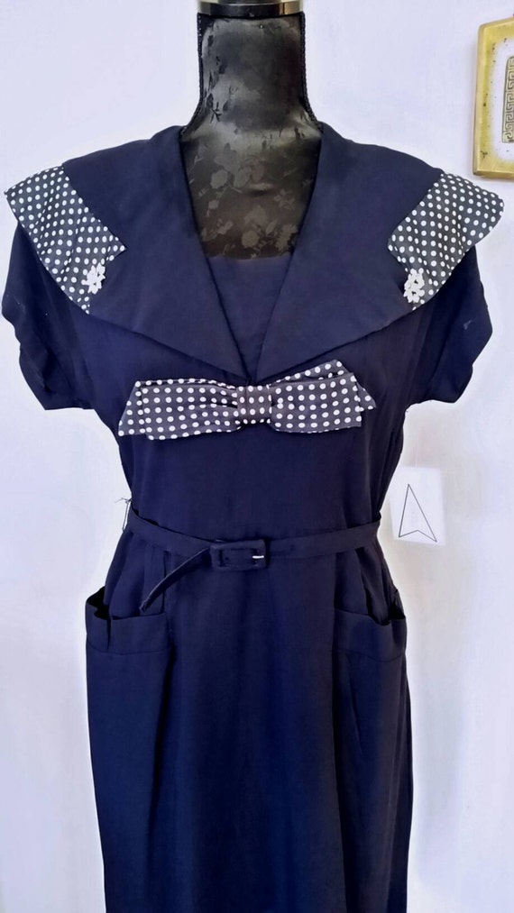 Vintage 40's 1940's navy crepe rayon dress // polk