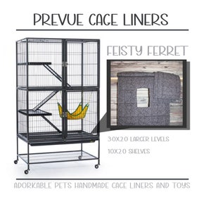 May include: A black metal Prevue cage with multiple levels, ramps, and a yellow hammock. The image includes a gray Feisty Ferret cage liner with a window. Text on the image reads "30x20 Larger Levels" and "10x20 Shelves".