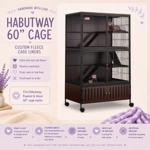 May include: A Habutway 60" cage for small pets, featuring a dark frame, wooden base, and multiple levels. Includes custom fleece cage liners, machine washable, and dryer safe. The cage is designed for Habutway, PawHut & Vevor 60" cage styles.