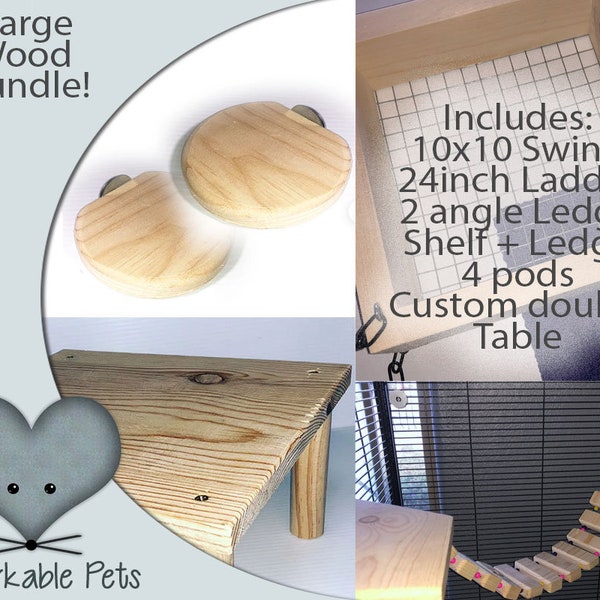 Lot d'accessoires pour cage avec rebords en bois d'opin séché au four et balançoire pour chinchilla, rats et petits animaux de compagnie