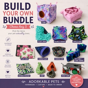 May include: A collection of small pet accessories including a purple butterfly cube, pink fluff pit, teal fluff ham, tie-dye double hammy, floral triple ham, rose flat ham, blue cuddle sack, skull cuddle cup, tri cube, double pocket, tent, and ham cube.