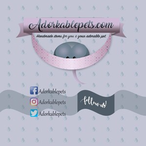 May include: A light purple graphic featuring the text Adorkablepets.com and Handmade items for you & your adorable pet. A grey stingray illustration is centered. Social media icons for Facebook, Instagram, and Twitter are present with the text Follow us!