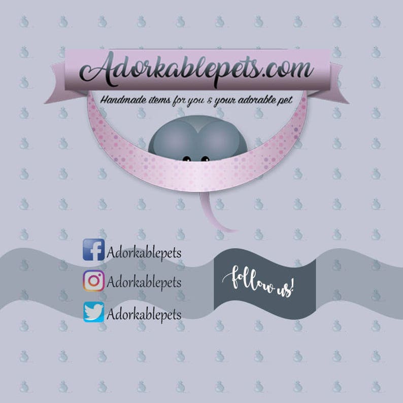 May include: A light purple graphic featuring the text Adorkablepets.com and Handmade items for you & your adorable pet. A grey stingray illustration is centered. Social media icons for Facebook, Instagram, and Twitter are present with the text Follow us!