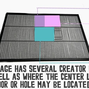 May include: A black and gray cage with vertical bars, featuring colored rectangular highlights and text indicating the location of the center door or hole. The text also lists creator names.