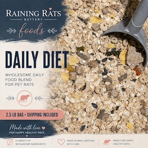 May include: A 2.5 lb bag of Raining Rats Rattery Foods Daily Diet, a wholesome food blend for pet rats. The mixture contains oats, cereal rings, seeds, and pasta pieces, with a grey plastic scoop resting on top of the dry food ingredients.