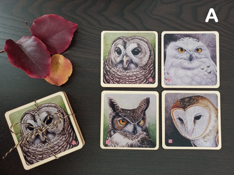 Wood Coaster Sets A - Owls