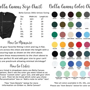 Peut inclure: Tableau des tailles unisexe Bella Canvas 3001 avec des mesures de largeur et de longueur en pouces.  Tableau des couleurs avec diff&eacute;rentes couleurs pour les t-shirts Bella Canvas. Le tableau comprend des couleurs comme le noir, le brun, l'olive, le marine, le for&ecirc;t, l'arm&eacute;e, le blanc, l'argent, le vert, le mauve, le jaune, l'or, le rouge, la baie, le rose, le gris, le menthe, le bleu royal, le bleu, l'orange et la framboise.