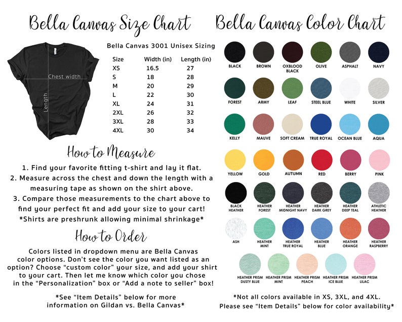 Peut inclure: Tableau des tailles unisexe Bella Canvas 3001 avec des mesures de largeur et de longueur en pouces.  Tableau des couleurs avec diff&eacute;rentes couleurs pour les t-shirts Bella Canvas. Le tableau comprend des couleurs comme le noir, le brun, l'olive, le marine, le for&ecirc;t, l'arm&eacute;e, le blanc, l'argent, le vert, le mauve, le jaune, l'or, le rouge, la baie, le rose, le gris, le menthe, le bleu royal, le bleu, l'orange et la framboise.