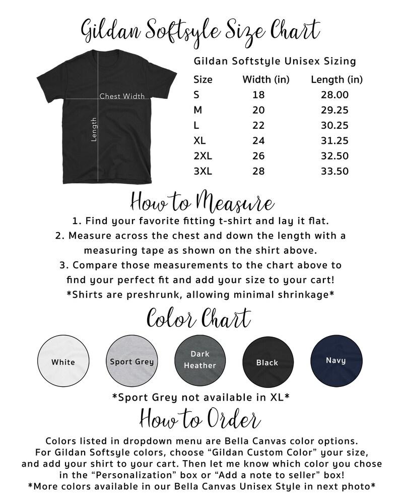 Peut inclure: Un tableau des tailles pour les t-shirts unisexes Gildan Softstyle, indiquant les mesures en pouces pour la largeur de la poitrine et la longueur. Le tableau comprend les tailles S &agrave; 3XL. Le tableau comprend &eacute;galement un nuancier avec des options pour le blanc, le gris sport, le gris fonc&eacute; chin&eacute;, le noir et le marine. Le texte "Sport Grey not available in XL" est &eacute;galement inclus.