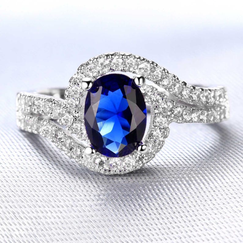 0.85ct Sapphire 6*8mm 14K White Gold Ring Size US 8 and size 6