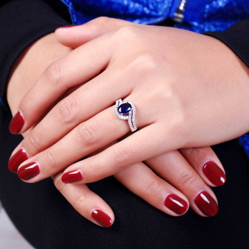 0.85ct Sapphire 6*8mm 14K White Gold Ring Size US 8 and size 6
