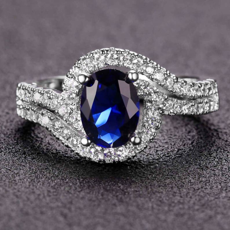 0.85ct Sapphire 6*8mm 14K White Gold Ring Size US 8 and size 6