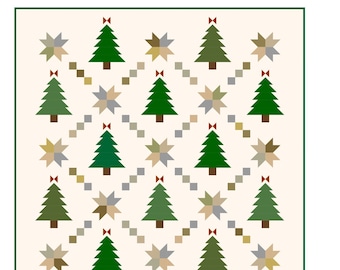May include: A quilt pattern for a farmhouse-themed Christmas quilt featuring a repeating pattern of green pine trees and multi-colored stars. The quilt is 76 inches by 76 inches and uses 12 inch by 12 inch blocks. The pattern is precut strip friendly.