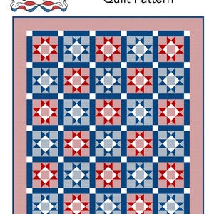 May include: A quilt pattern named "Summer Parade" with a patriotic design. The quilt showcases a repeating pattern of red, white, and blue star blocks on a blue backdrop, with a pink border. Finished quilt size is 167.6 cm x 195.6 cm.