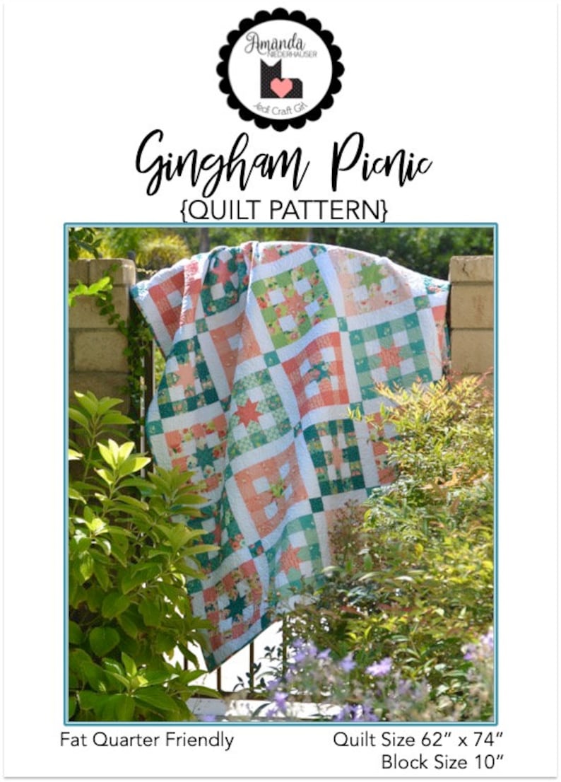 May include: A quilt pattern for a gingham picnic quilt. The quilt is made with a variety of fabrics in shades of green, pink, and white. The quilt is 62 inches by 74 inches and the blocks are 10 inches square. The quilt is fat quarter friendly.