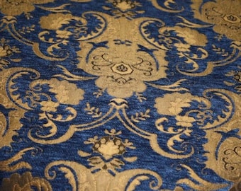 15 Yards Navy Blue and gold Designer Chenille Damask Fabric, Renaissance Home Decor Upholstery, Drapes, Custom,Fabric by the yard