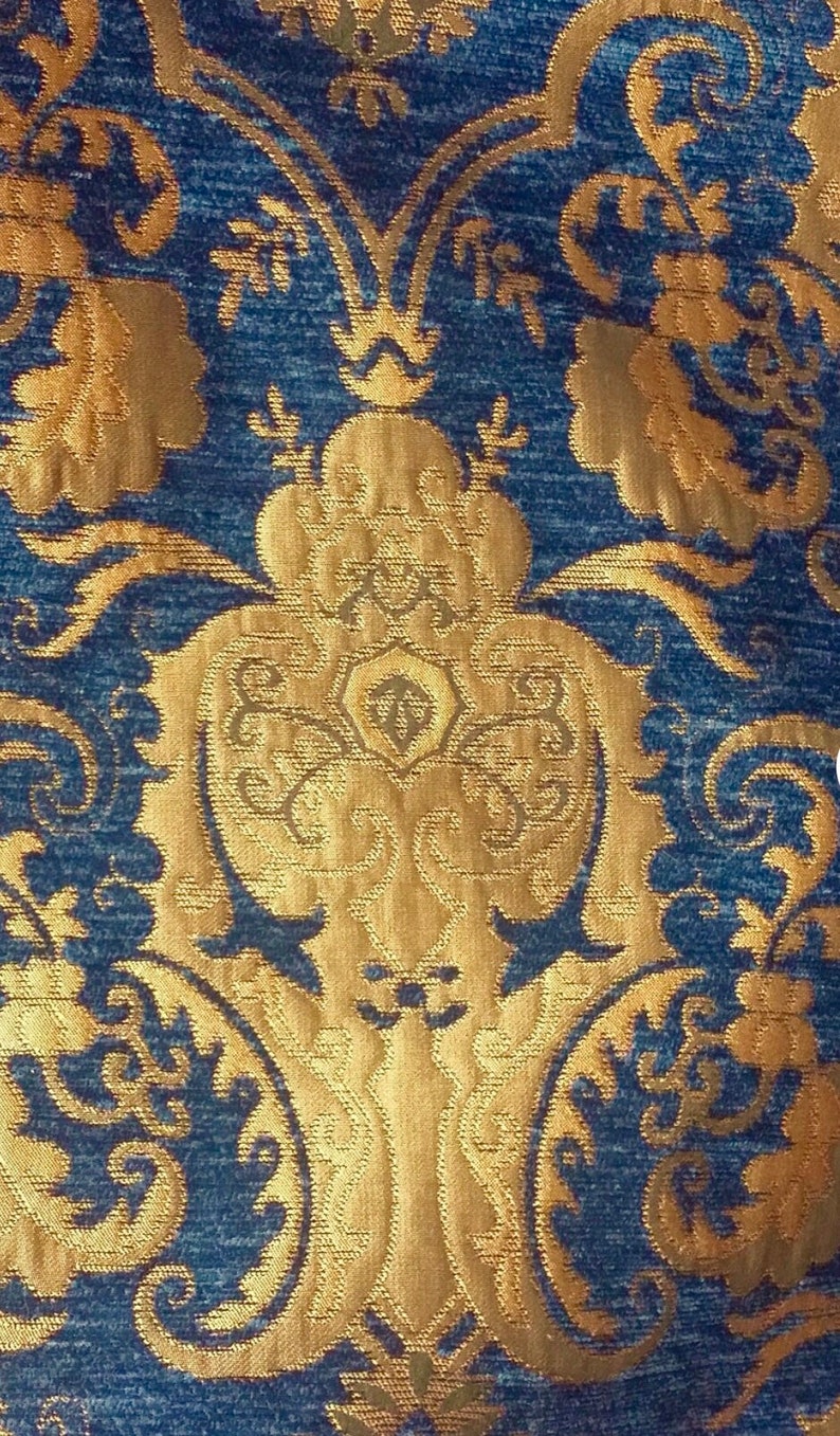 Navy Blue and gold Designer Chenille Damask Fabric Etsy