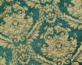 10 Yards Gold and Green Designer Chenille Damask Fabric, Renaissance Home Decor Upholstery, Drapes, Custom,Fabric by the yard