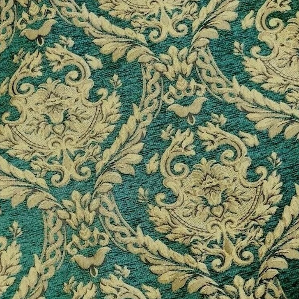 10 Yards Gold and Green Designer Chenille Damask Fabric, Renaissance Home Decor Upholstery, Drapes, Custom,Fabric by the yard