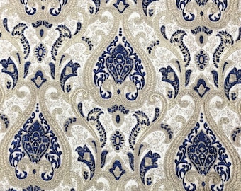 Blue Navy and Taupe Chenille Damask Fabric, Renaissance Home Decor Upholstery, Drapes, Custom,Brocade Jacquard Fabrics