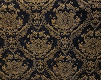 Black and gold Designer Chenille Damask Fabric, Renaissance Home Decor Upholstery, Drapes, Custom,Fabric by the yard
