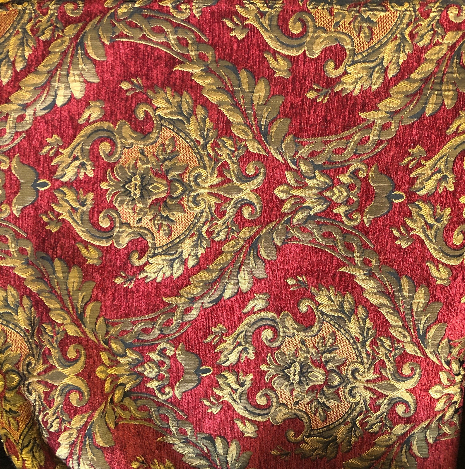Red and Gold Designer Chenille Damask Fabric, Renaissance Home Decor