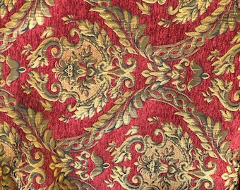 20 Yards Red and gold Designer Chenille Damask Fabric, Renaissance Home Decor Upholstery, Drapes, Custom,Fabric by the yard