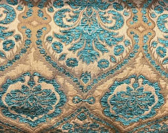 Torques and Gold Chenille Damask Fabric, Renaissance Home Decor Upholstery, Drapes, Custom,Fabric by the yard