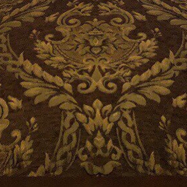 Brown and gold Designer Chenille Damask Fabric, Renaissance Home Decor Upholstery, Drapes, Custom,Fabric by the yard