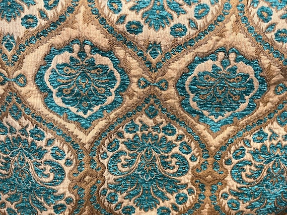Turquoise and Gold Chenille Damask Fabric, Renaissance Home Decor