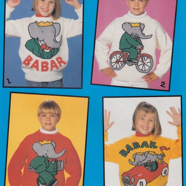 babar the elephant knitting pattern sweaters for children and adults dk or 4 ply intarsia charts vintage character knitting