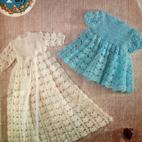 vintage crochet pattern for baby dress and christening gown 16 18 and 20 inch chest 3 ply