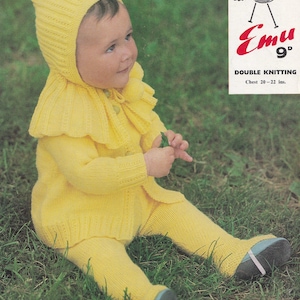 May include: A baby in a knitted yellow outfit, featuring a hooded top with a ruffled collar, leggings, and booties. The outfit is made of double knitting yarn. Chest size is 51-56 cm.
