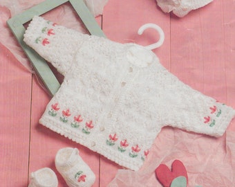 vintage knitting pattern PDF baby emboidered cardigan booties bonnet set 16 to 22 inches dk 0-3 years