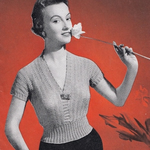 vintage knitting pattern for ladies v neck jumper top, 32 to 36 inch chest, PDF instant download