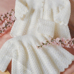 vintage knitting pattern for baby dress and matinee coat 4 ply or double knit from newborn to 20 inch