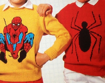 Spiderman Knitting Pattern Sweaters for Children and Adults Dk or 4 Ply Intarsia Charts Vintage Character Knitting Etsy UK