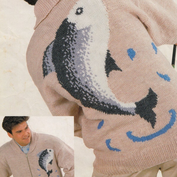 vintage knitting pattern for mans fishing jacket PDF download cardigan with intarsia chart